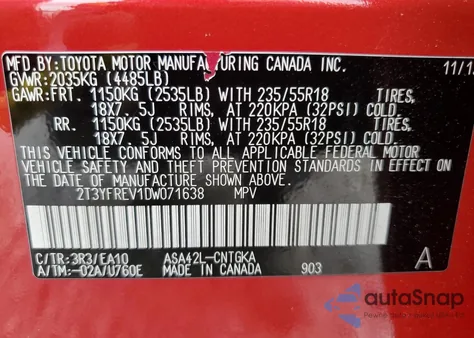 2013 Toyota Rav4 Limited z USA, uszkodzony, nr VIN 2T3YFREV1DW071638